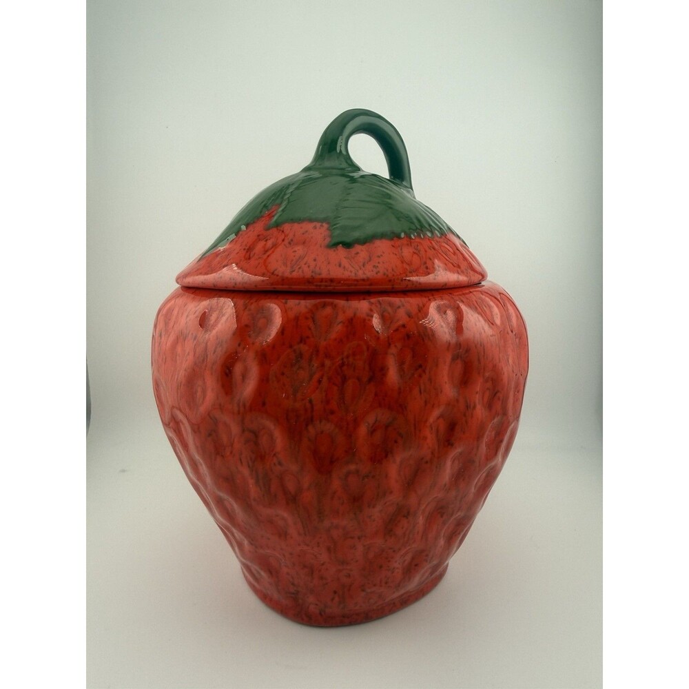 Vintage Red Strawberry Shaped Cookie Jar Canister w/ Leafy Lid 8” tall READ